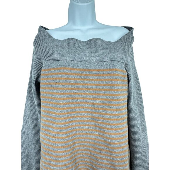 Anthropologie Gray Striped ELISE Ribbed Off Shoulder Sweater Size L - Picture 4 of 11